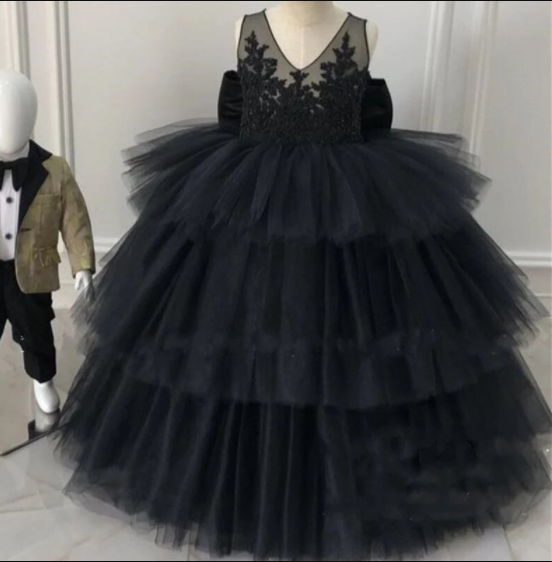 New Baby Girls Birthday Dresses Ball Gown Lace Sequined Beaded Plus Size Tulle Girls Pageant Party Gown with Bow