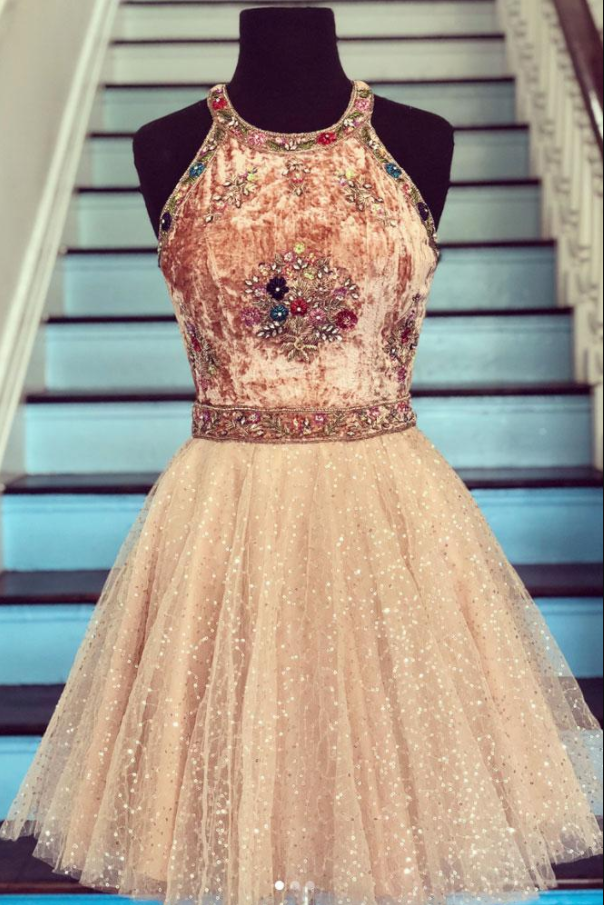 Champagne Tulle Beads Short Prom Dress, Champagne Homecoming Dress