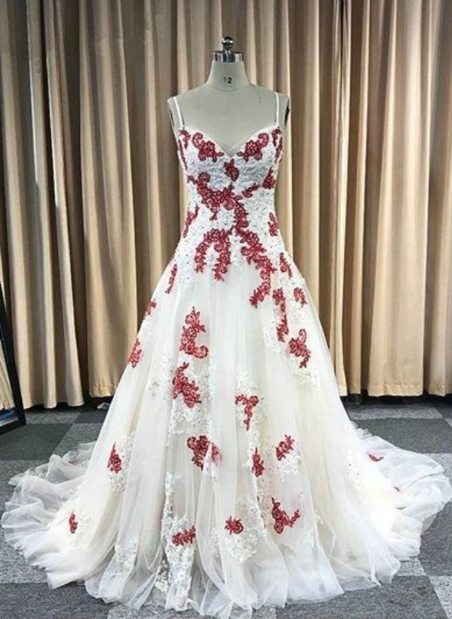 Cute Gorgeous Ivory Tulle Red Lace Applique Long Spaghetti Straps Senior Prom Dress,