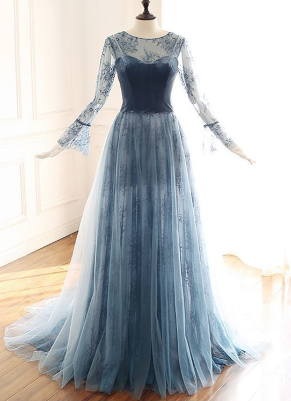 Gorgeous Lace Long Velvet Custom Made Formal Prom Dress With Sleeve