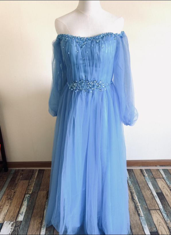 Off Shoulder Prom Dress,sexy Blue Party Dress,charming Evening Dress With Beads,queenie Prom Unique,custom Made