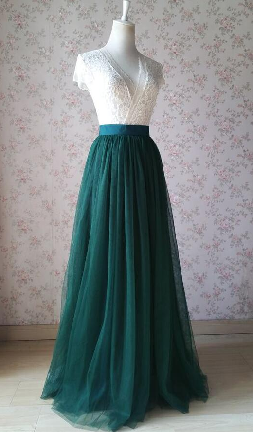 A Line Dark Green Tulle And White Lace Top Prom Dress
