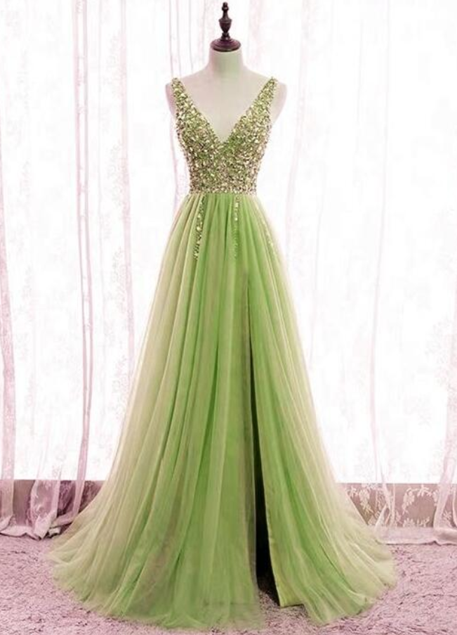 Sage Green Tulle Split V Neck Formal Dresses