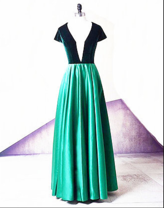 Emerald satin V neck short sleeve long evening dress, long velvet prom dress