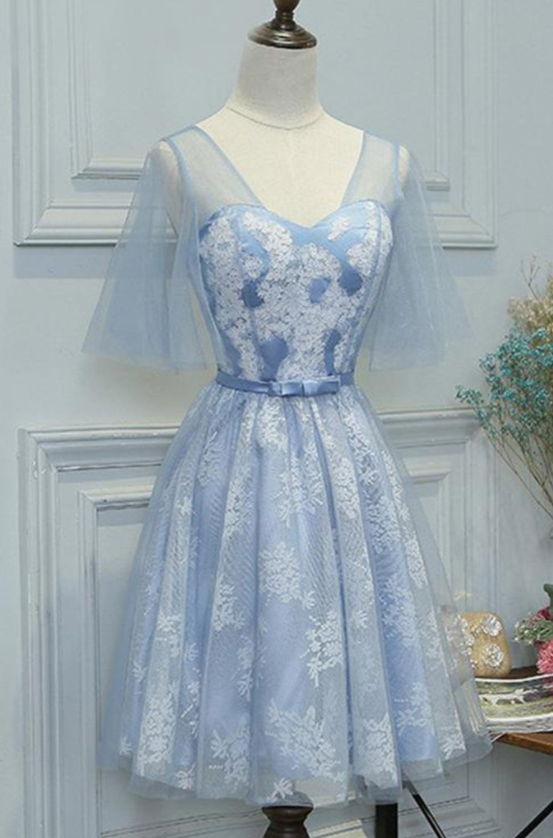 Mini Short Prom Dress, Blue Lace Short Prom Dress With Sleeves, Short Bridesmaid Dress With Bowknot