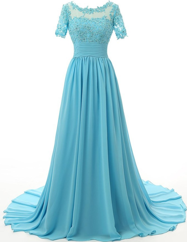Prom Dresses, Light Blue Chiffon Prom Dress With Lace Appliqués, A-line Prom Dresses, Prom Dress With Short Sleeve, Lace Prom Dresses Long,