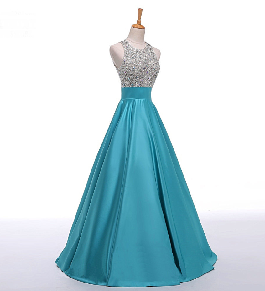 Prom Dresses, Bateau Prom Gowns, Long Satin Prom Dresses, Turquoise Prom Dress, Prom Dresses With Beadings, Backless Prom Dress,