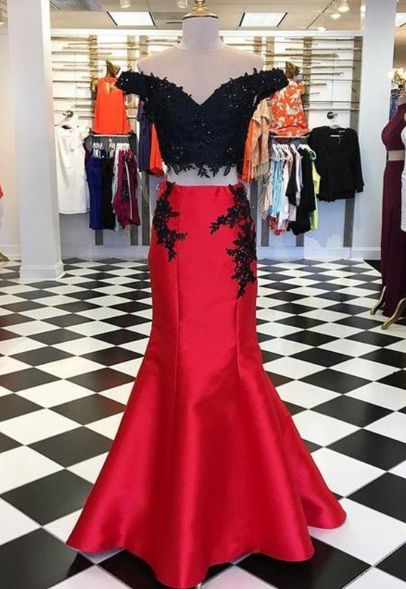 Two Pieces Long Prom Dresses With Appliques And Beading,party Dress,evening Dresses