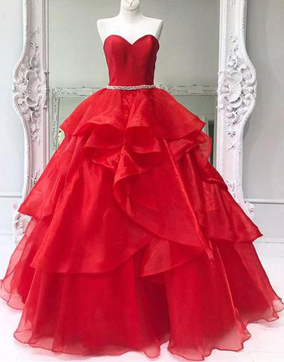 Sweetheart Neckline Red Tulle Long Beaded Ball Gown, Long Evening Dress