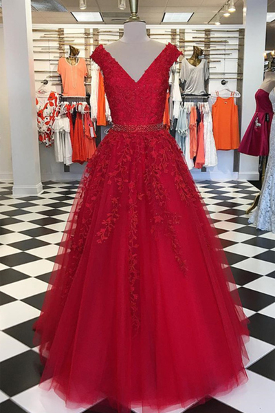 Red Tulle V Neckline Long Appliques Beaded Evening Dress With Cap Sleeves