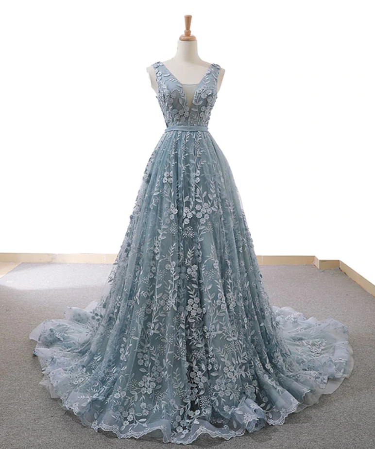 Prom Dresses, Tulle Lace Long Prom Dress Blue Lace Evening Dress