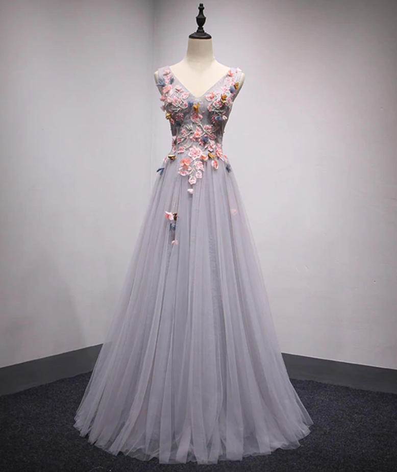 Prom Dresses,v Neck Tulle Lace Long Prom Dress, Evening Dress