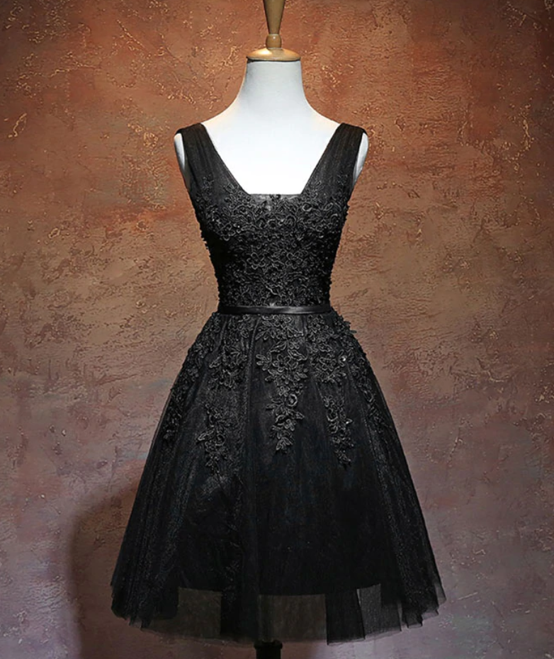 Homecoming Dresses,black V Neck Tulle Lace Short Prom Dress, Black Homecoming