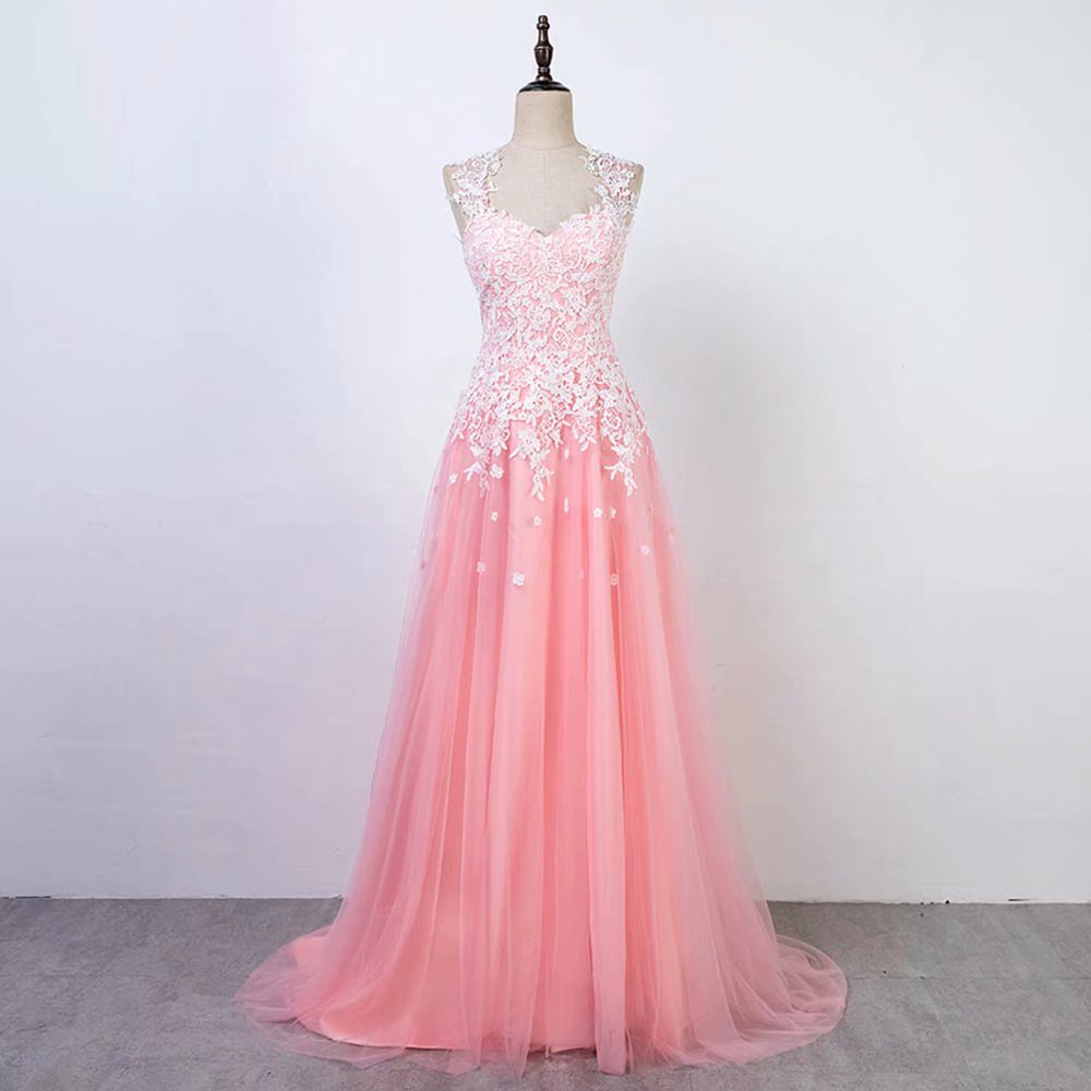 Pink Long Prom Dresses Lace Applique Sleeveless Formal Gown A Line