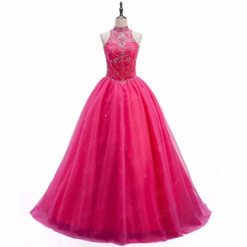Fuschia Evening Dress Pageant Dresses Halter Neck Beading Fashion Evening Gown Beading Tulle Competition Gowns