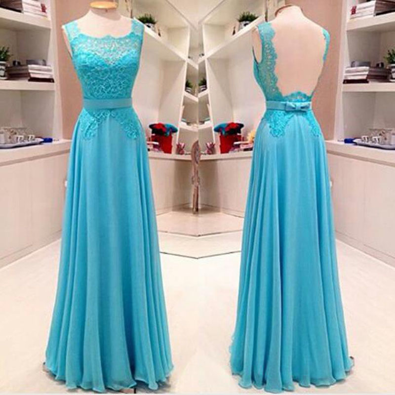 Blue Chiffon Prom Dresses Sexy Long Sexy Backless Evening Dresses Scoop Sleeveless Prom Gowns Party Dress Robe De Soiree