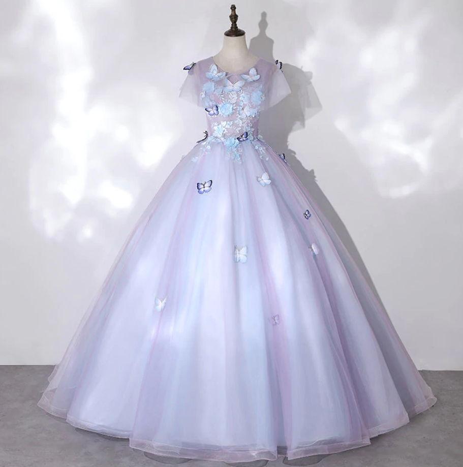 Prom Dresses,tulle With Butterfly Ball Gown Sweet 16 Dresses, Cute Long Evening Prom Dresses
