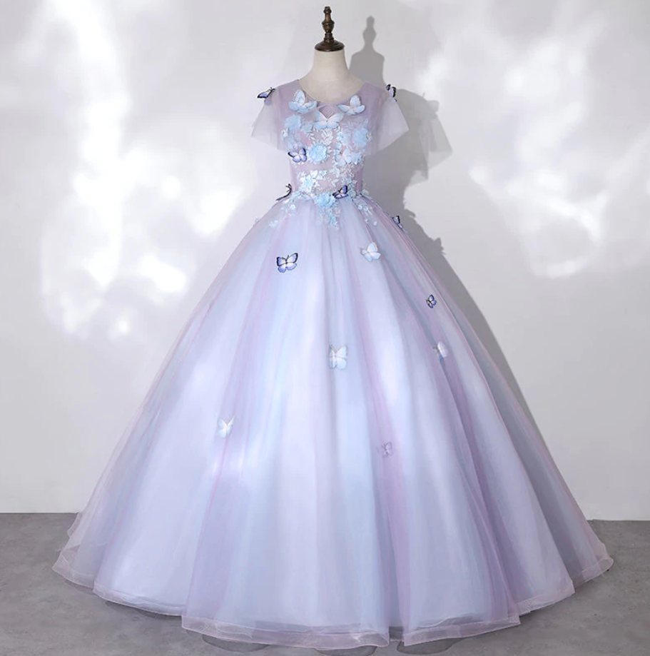 Prom Dresses,Tulle with Butterfly Ball Gown Sweet 16 Dresses, Cute Long Evening Prom Dresses