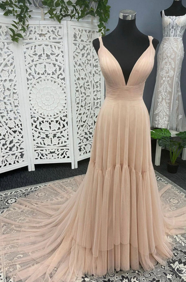 Prom Dresses,tulle Long Prom Dress A Line V Neck Evening Dress
