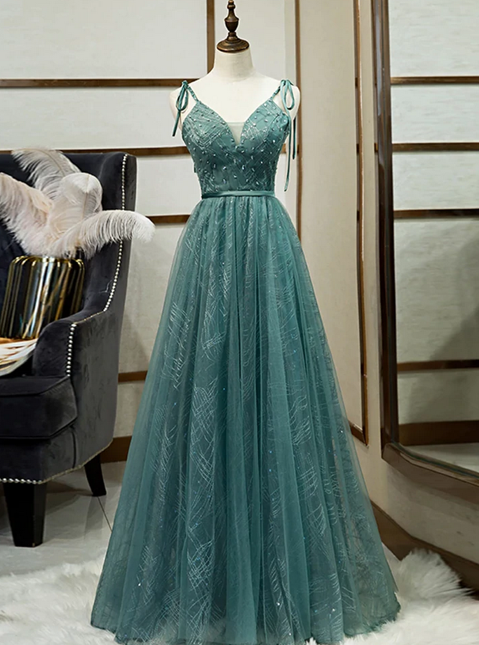 Prom Dresses,Spaghetti Straps Tulle Modest A Line Evening Dress Long Prom Dress