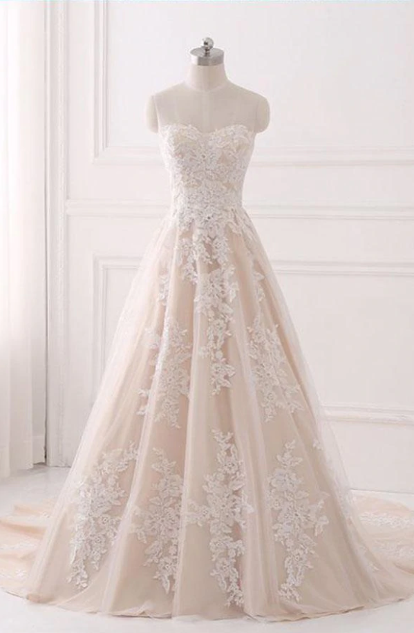 Prom Dresses,a Line Sweetheart Tulle Wedding Dress With Appliques,strapless Prom Dresses