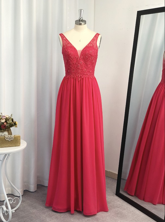 Prom Dresses,A-Line/Princess Floor-Length Sleeveless Chiffon Applique V-neck Dresses