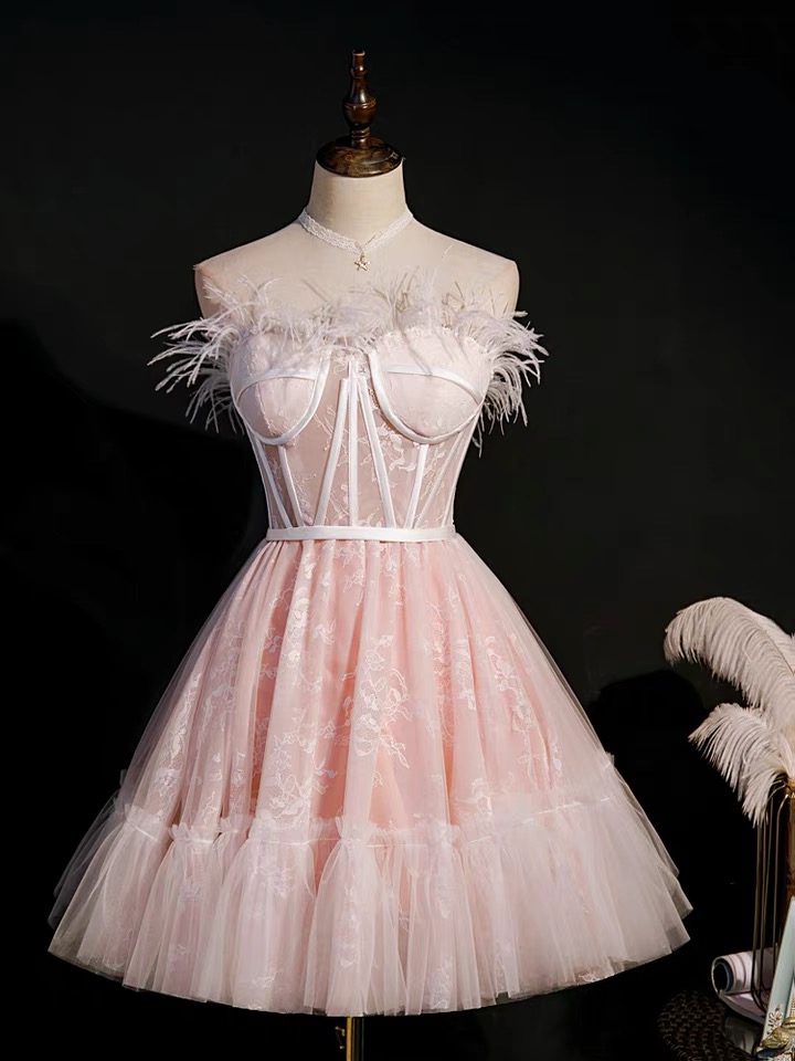 Feather Dress, Light Luxury Lace Homecoming Dress, Fairy Sweet Dress