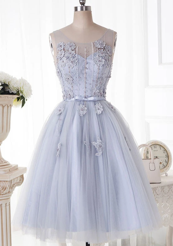 Cute Round Neck Lace Tulle Short Prom Dress, Homecoming Dress