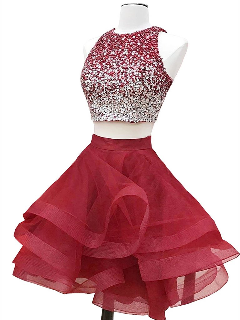 Two Pieces Short Burgundy Beaded Prom Dress, Two Pieces Short Wine Red Homecoming Dresses Two Pieces Short Burgundy Beaded Prom Dress, Two Pieces Short Wine Red Homecoming Dresses