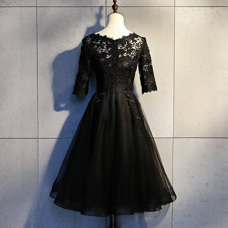 Black Lace and Tulle Short Sleeves Knee Length Homecoming Dress, Black Short Prom Dresses Black Lace and Tulle Short Sleeves Knee Length Homecoming Dress, Black Short Prom Dresses