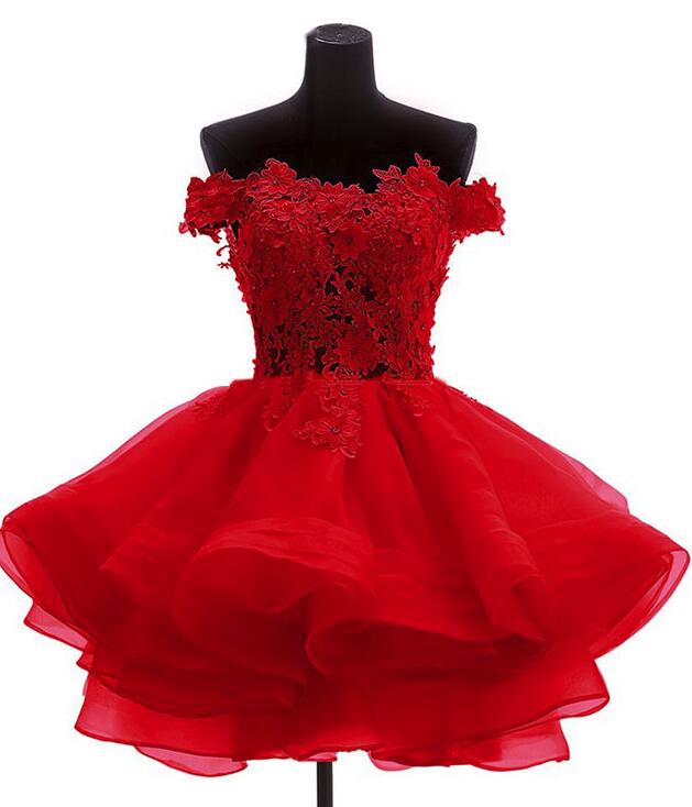 Red Off Shoulder Organza With Lace Detail Formal Dress, Red Formal Dresses, Red Party Dress