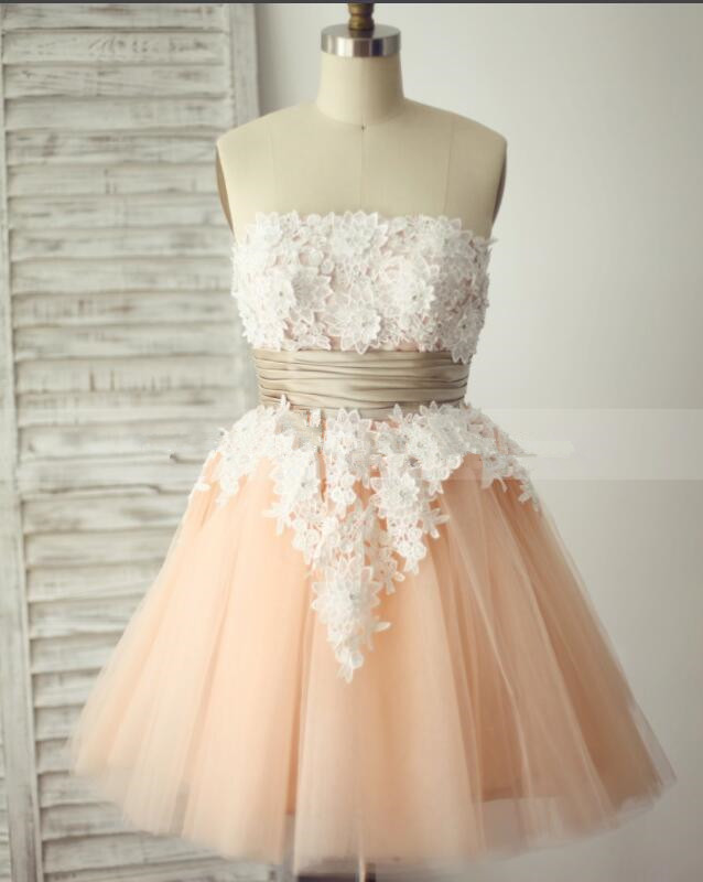 Cute Pink Short Tulle Homecoming Dress With White Lace Applique, Pink Party Dresses, Short Prom Dress