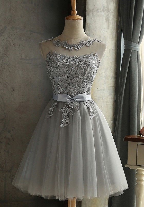 Grey Tulle Cute Knee Length Prom Dress Lace Applique, Homecoming Dresses, Cute Party Dresses