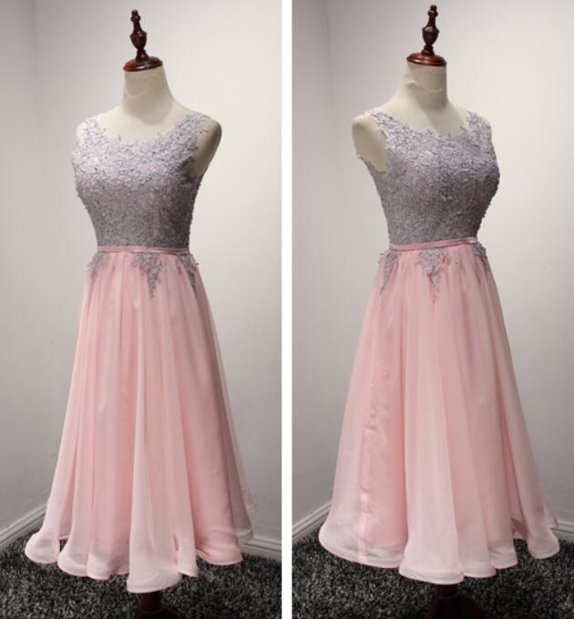 Tea Length Pink Party Dresses, Lace And Chiffon Homecoming Dresses, Lovely Formal Dresses