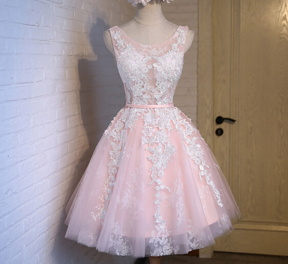 Cute Tulle Short Prom Dress With Lace Applique, Pink Homecoming Dresses, Lovely Graduation Dresses