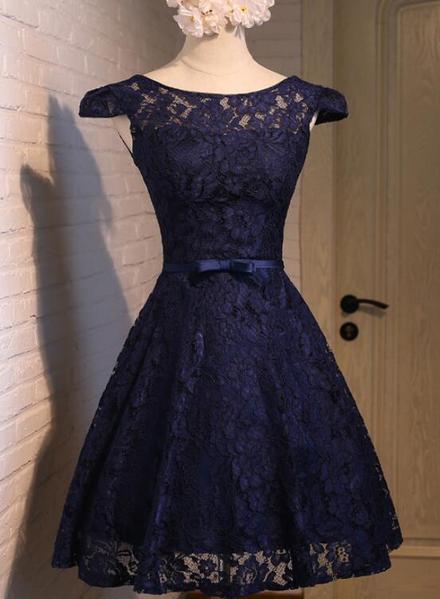 Beautiful Lace Navy Blue Short Party Dress, Lace Bridesmaid Dress