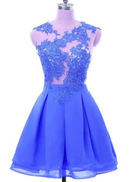Blue Short Applique Backless Party Dress, Sexy Short Formal Dress, Short Women Evening Dress