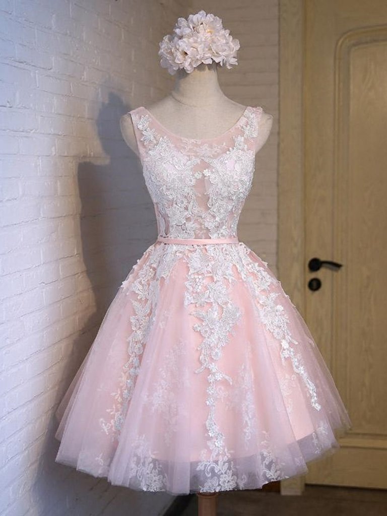 Round Neck Short Pink Lace Prom Dresses,pink Lace Formal Graduation Evening Dresses, Sweetheart Homecoming Dresses