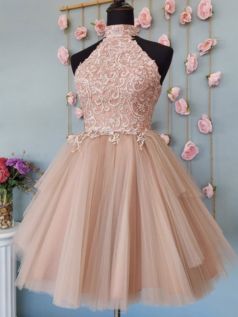 Neck Open Back Lace Short Prom Dresses, Lace Formal Graduation Homecoming Dresses