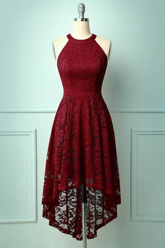 Lace Asymmetrical Halter Dress - Dark Red