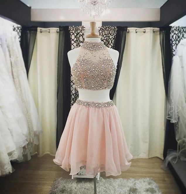 Halter Homecoming Dresses Two Pieces Beaded Bodice Short Prom Dresses Halter Homecoming Dresses Two Pieces Beaded Bodice Short Prom Dresses