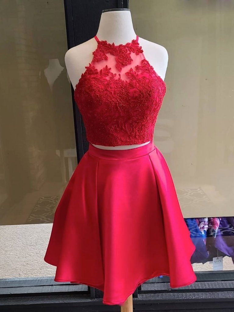 red lace graduation dress Red Lace Sequins A Line Spaghetti Straps Short Homecoming Dresses, MH680 main image 1