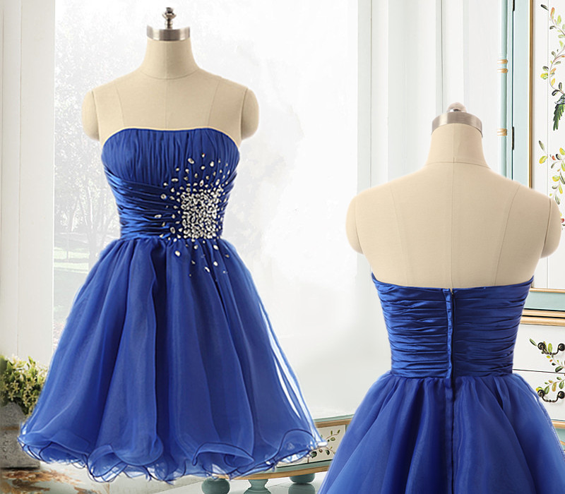 Pleated Strapless Blue Party Homecoming Dresses