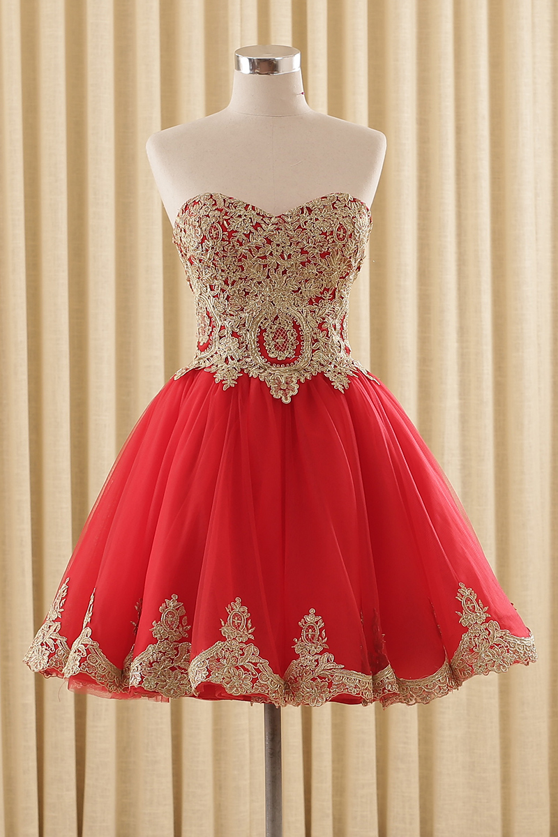 Sleeveless Red Party Dress With Gold Appliques