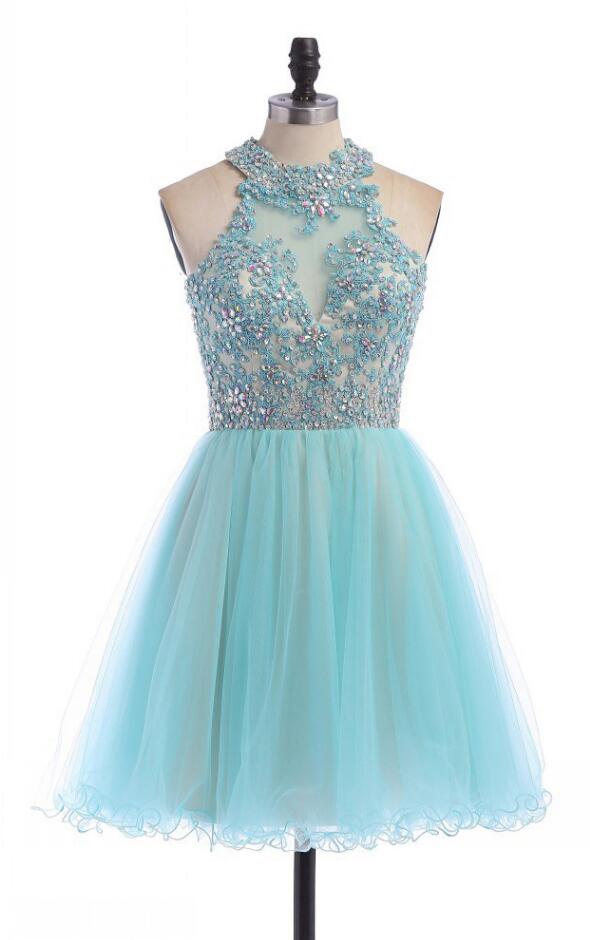Sky Blue Open Back Sequined Graduation Dress,charming Beaded Appliques