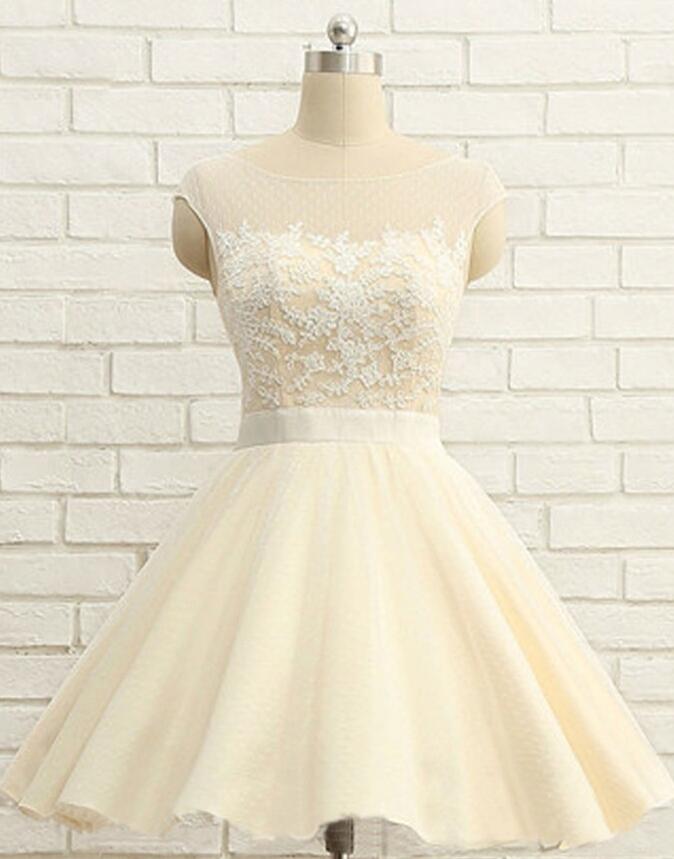 Knee-length Prom Dresses,short Lace Homecoming Dresses,champagne Organza Cap Sleeves Homecoming Dress With Lace