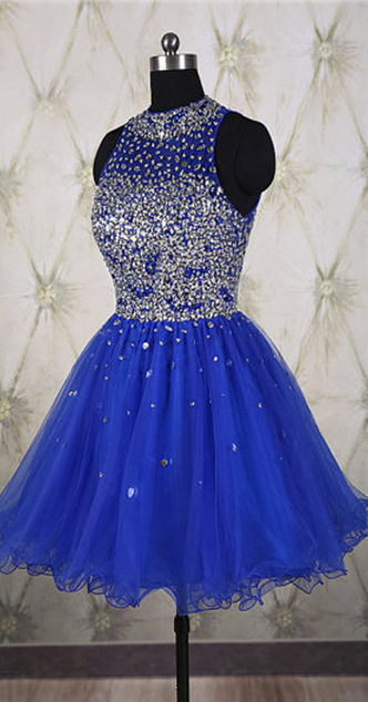 Royal Blue A-line Homecoming Dress With Halter Neckline And Backless Detail
