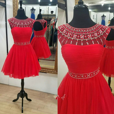 Sexy Beaded Prom Dress,tulle Red Prom Gown,short Prom Gowns