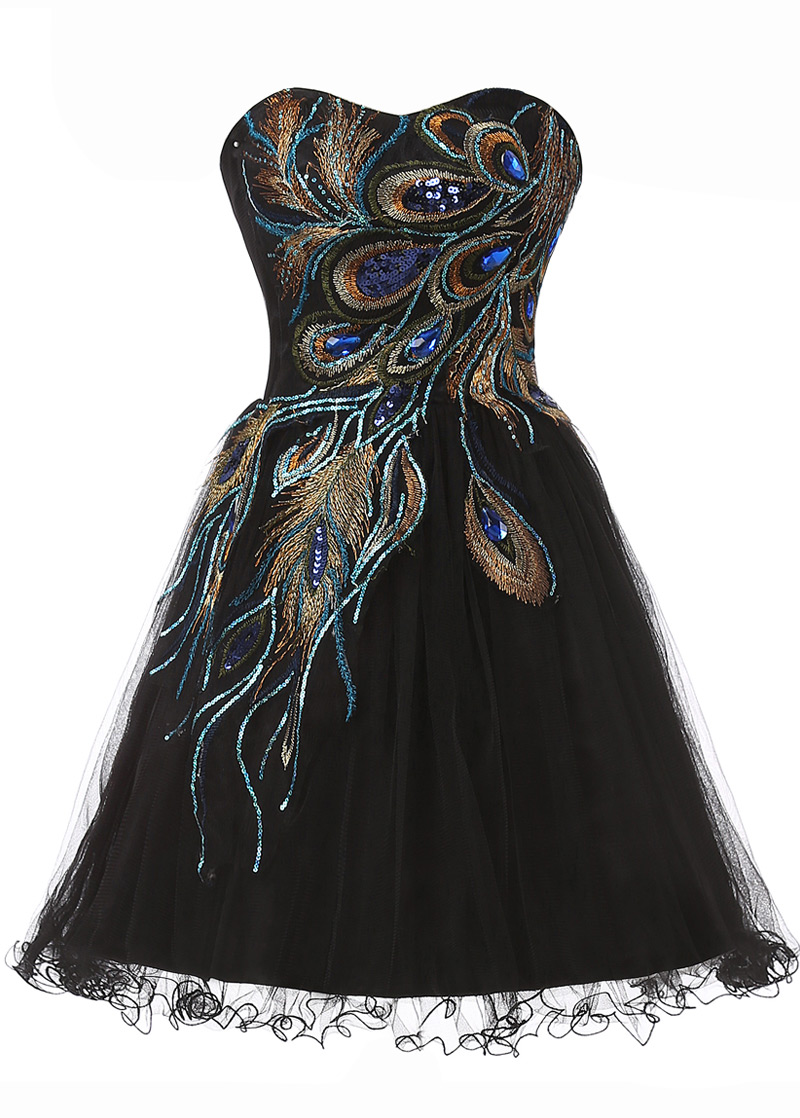Black Short Tulle Homecoming Dress, Featuring Sweetheart Bodice With Peacock Feather Embroidery And Lace-up Back