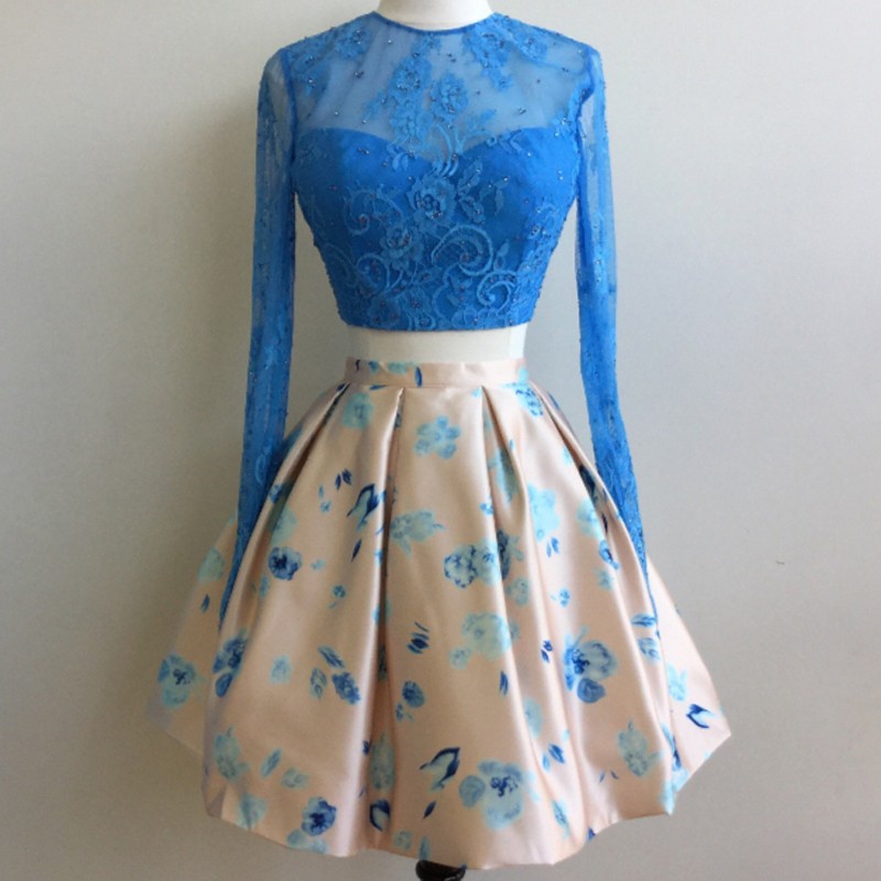 Short Homecoming Dress, Cocktail Party Dresses, Blue Homecoming Dress, Print Prom Dress, Long Sleeve Homecoming Dress, Lace Homecoming Dress